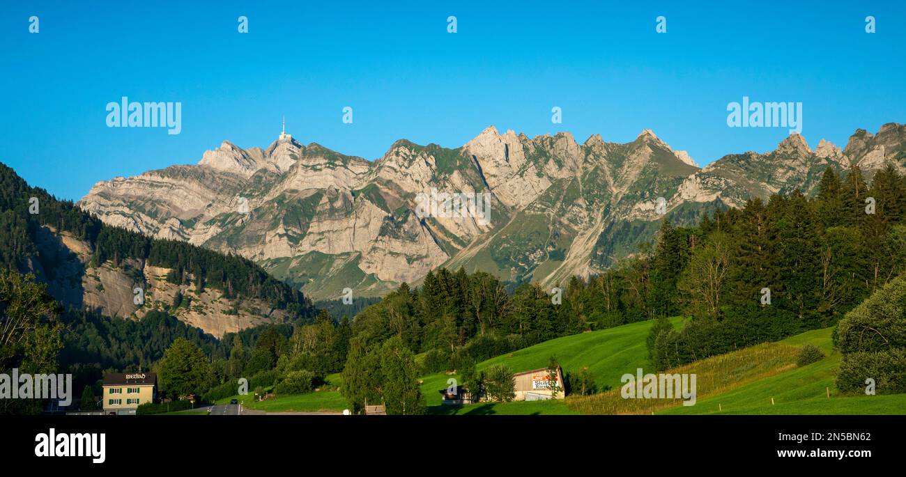 view of the Saentis from Schwaegalp in the afternoon, Eastern Switzerland, Switzerland, Appenzell, Ausserrhoden Stock Photo