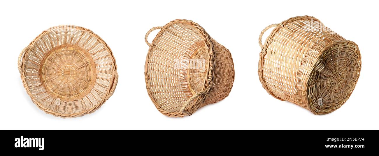 Set with empty wicker baskets on white background, banner design Stock ...