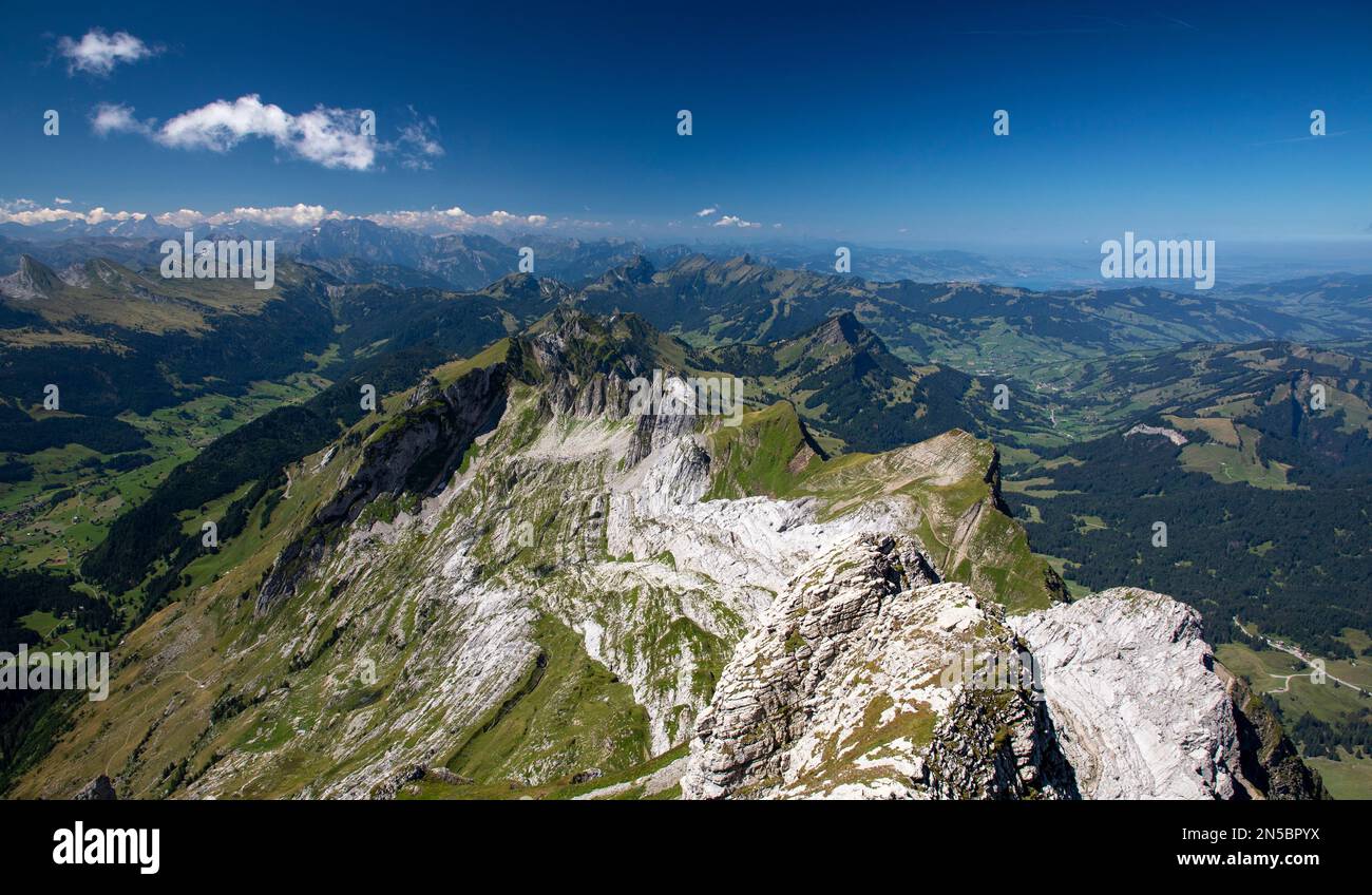 view from the Saentis summit over the Saentis massif to the west, Switzerland, Appenzell Stock Photo