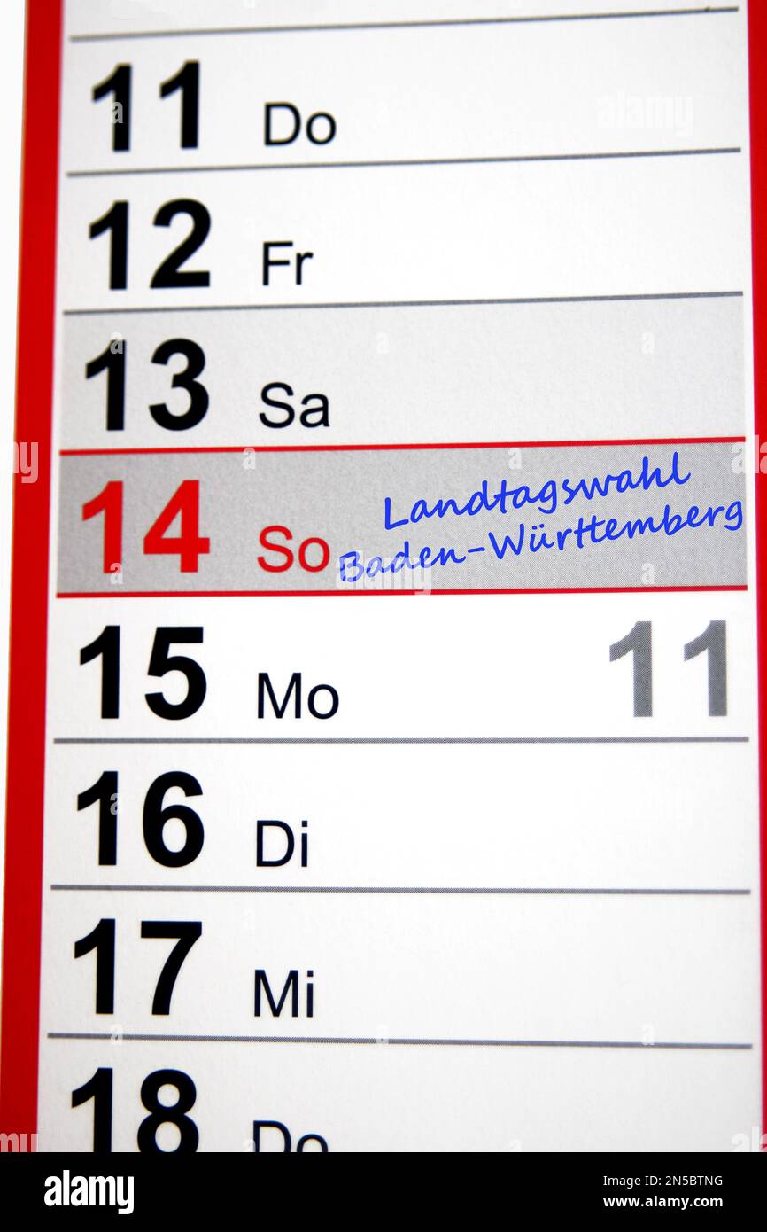 calendar entry, state election, Baden-Wurttemberg, Germany, 2021-03-14 Stock Photo