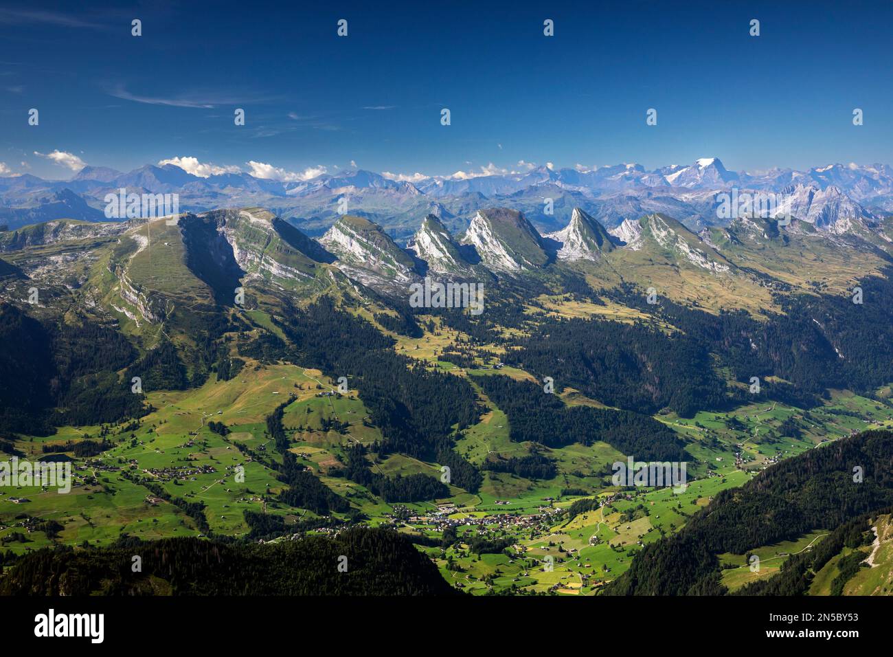 view from the Saentis to the Churfirsten of the Appenzell Alps, Switzerland, St. Gallen Stock Photo