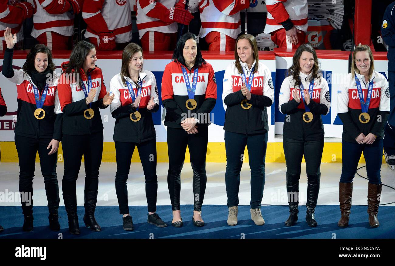 Canada women's hockey players, from left, Melodie Daoust, Charlene