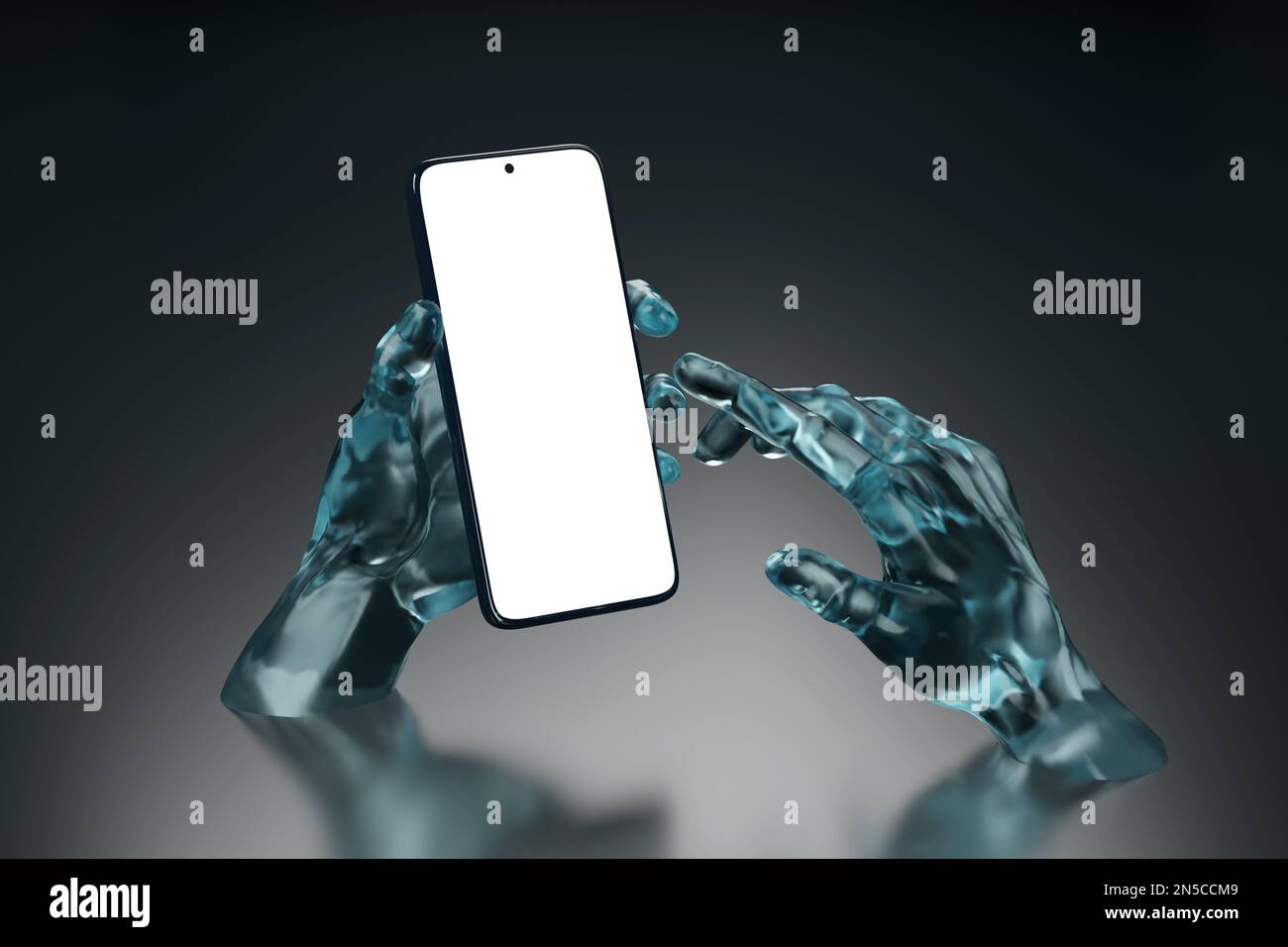 Glass hands holding a mobile phone with a blank screen on dark ...