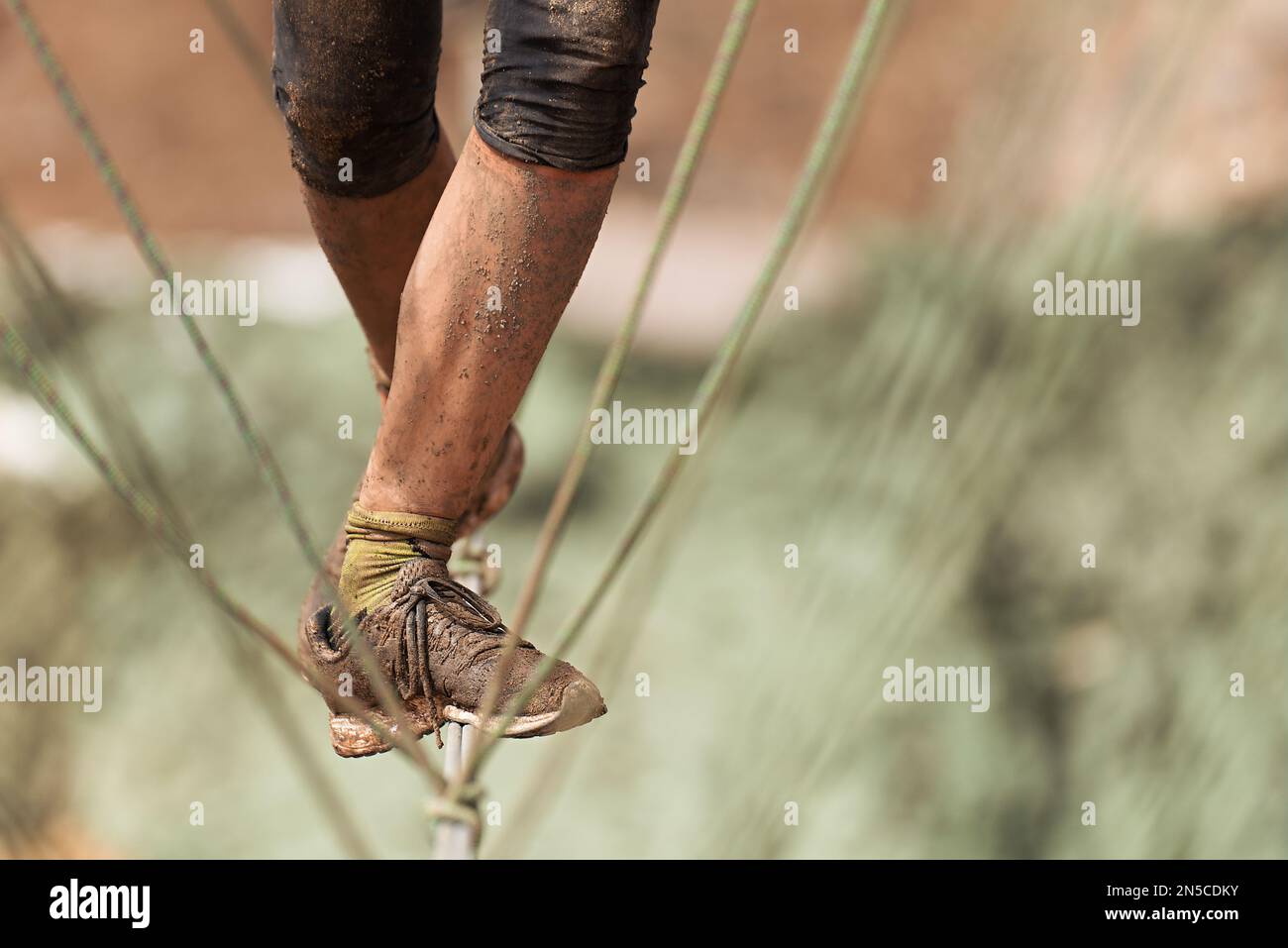 Mud race runners, overcoming an obstacle on a steel rope Stock Photo ...