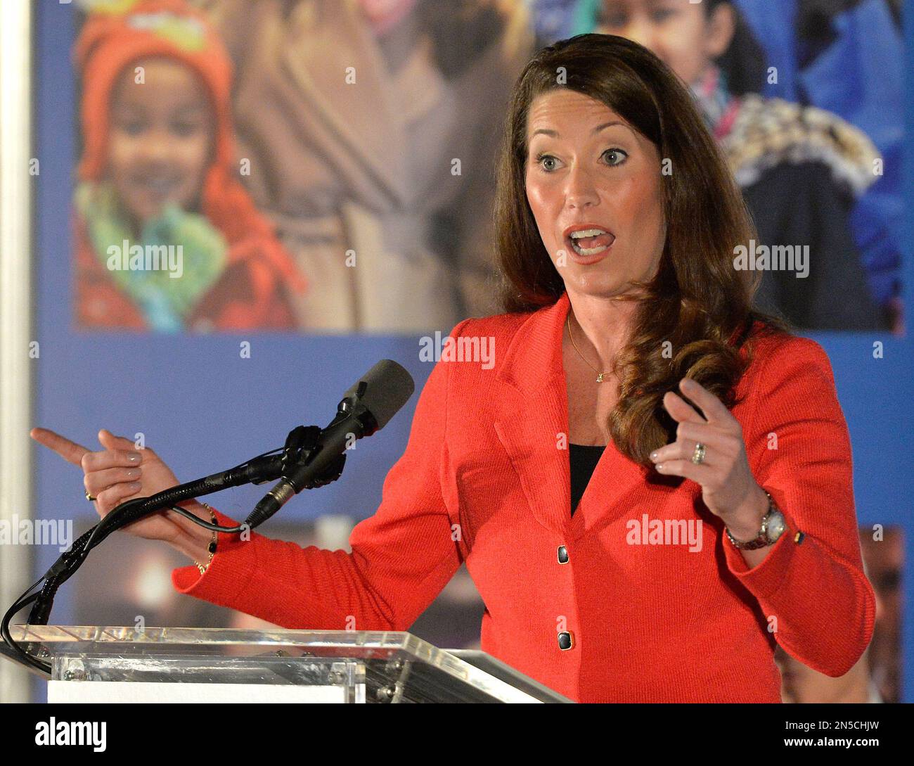 Democratic Senate challenger Alison Lundergan Grimes addresses a group of supporters at a fundraiser at the Galt House Hotel, Tuesday, Feb. 25, 2014, in Louisville, Ky. (AP Photo/Timothy D. Easley) Stock Photo