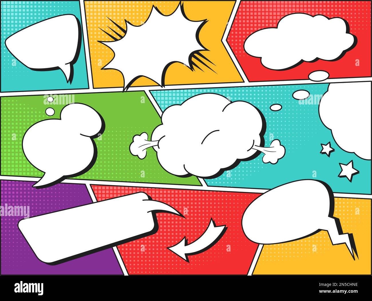 Comic magazine dialogue layout. Comic book grid with popping speech balloons frames, pop art vector template Stock Vector