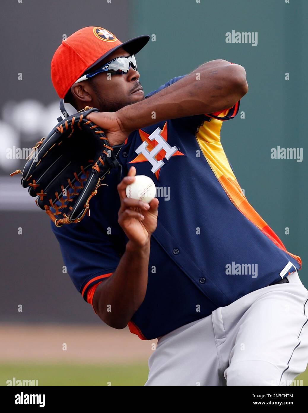 Houston Astros outfielder L.J. Hoes (28) during a spring training game  against the Miami Marlins on March 21, 2014 at Osceola County Stadium in  Kissimmee, Florida. Miami defeated Houston 7-2. (Mike Janes/Four