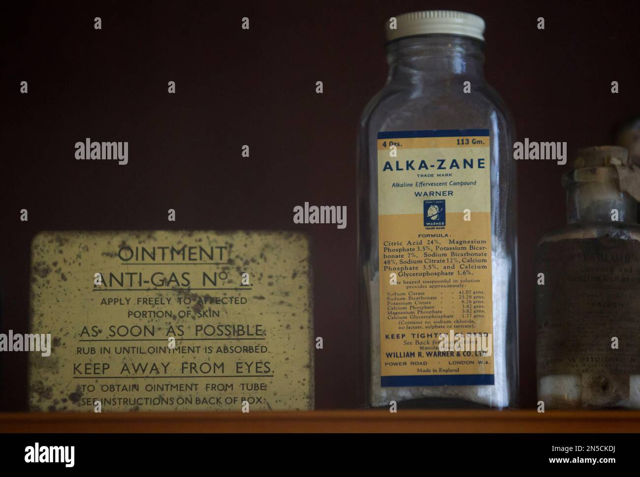 AntiGas ointment is seen amongst medical supplies on display on a ward