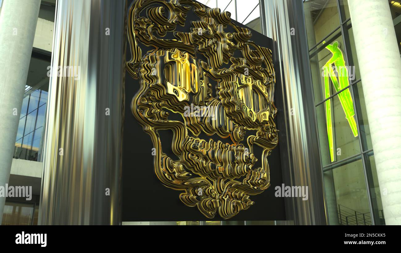 Skull Design Building A 3D Illustration of an art installation of a skull at the entrance of ...