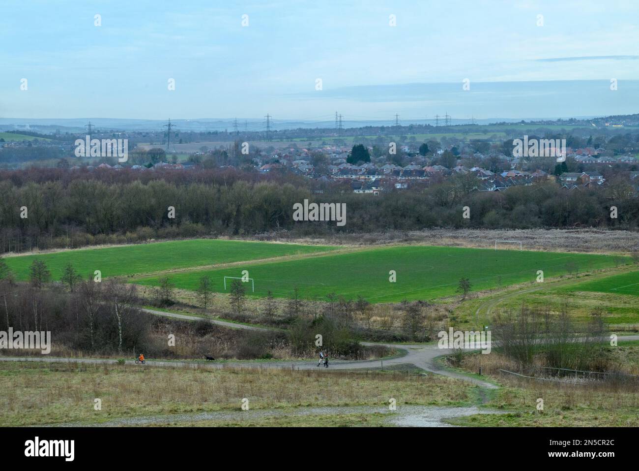 Landscape in northern England with urban area and football pitch, Royston, Barnsley, South Yorkshire, England, UK Stock Photo