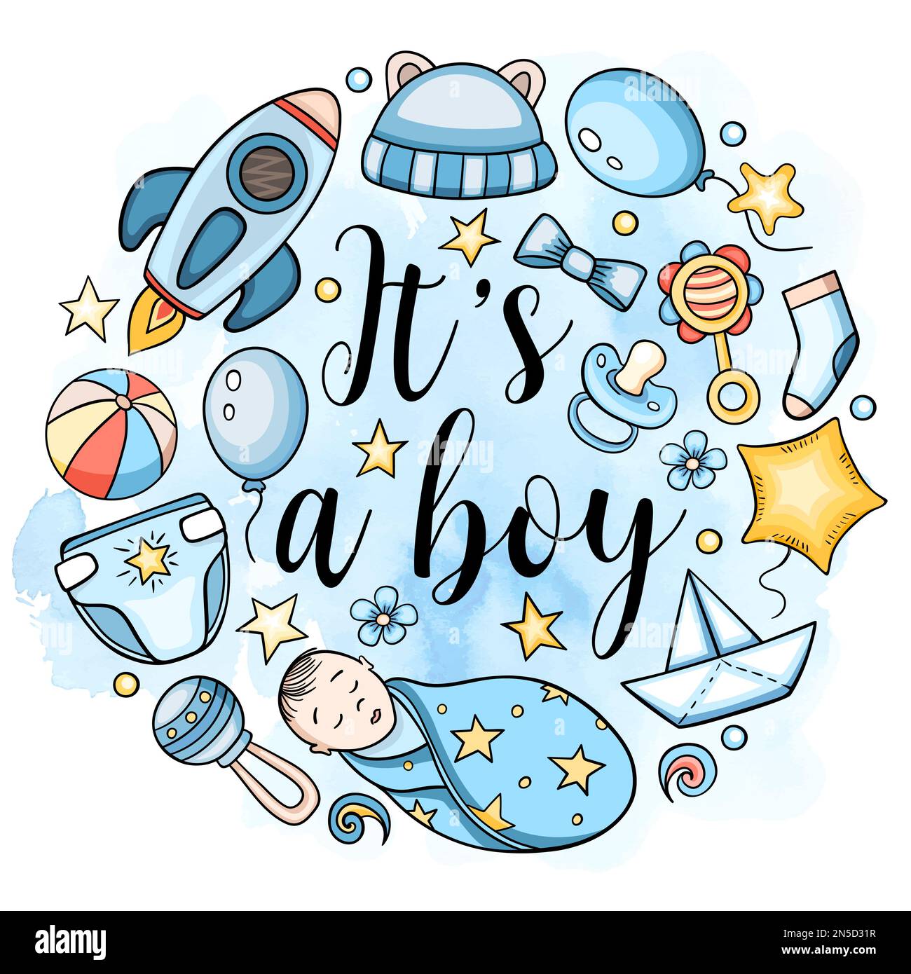 Greeting card It's a boy with cute baby accessory on a blue watercolor