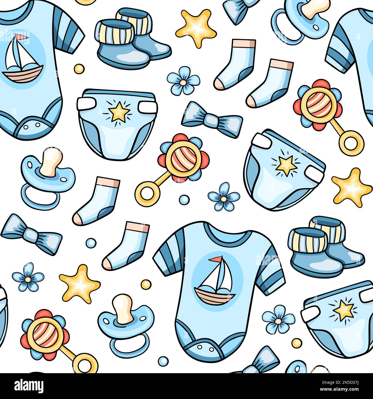 Seamless pattern with blue clothes and accessories for baby boy. Hand drawn background. Stock Photo