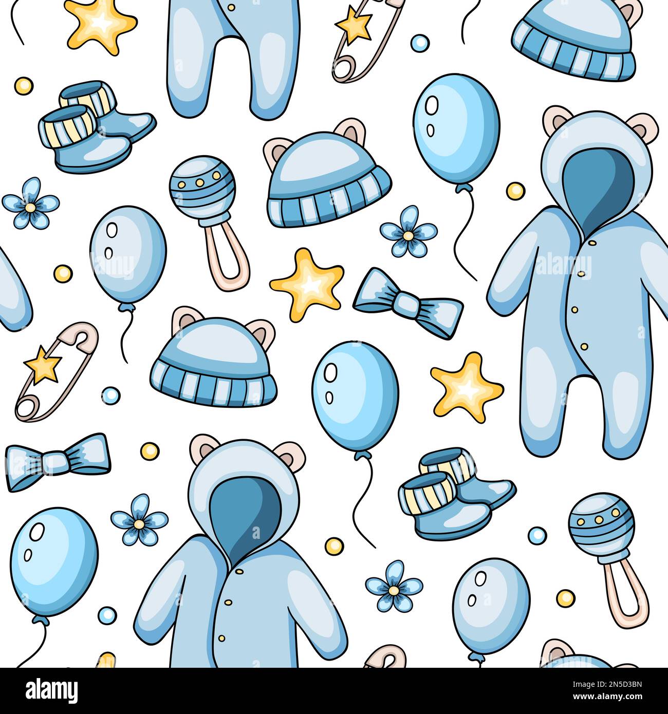 Seamless pattern with blue baby clothes and accessories for baby boy. Hand drawn background. Stock Photo