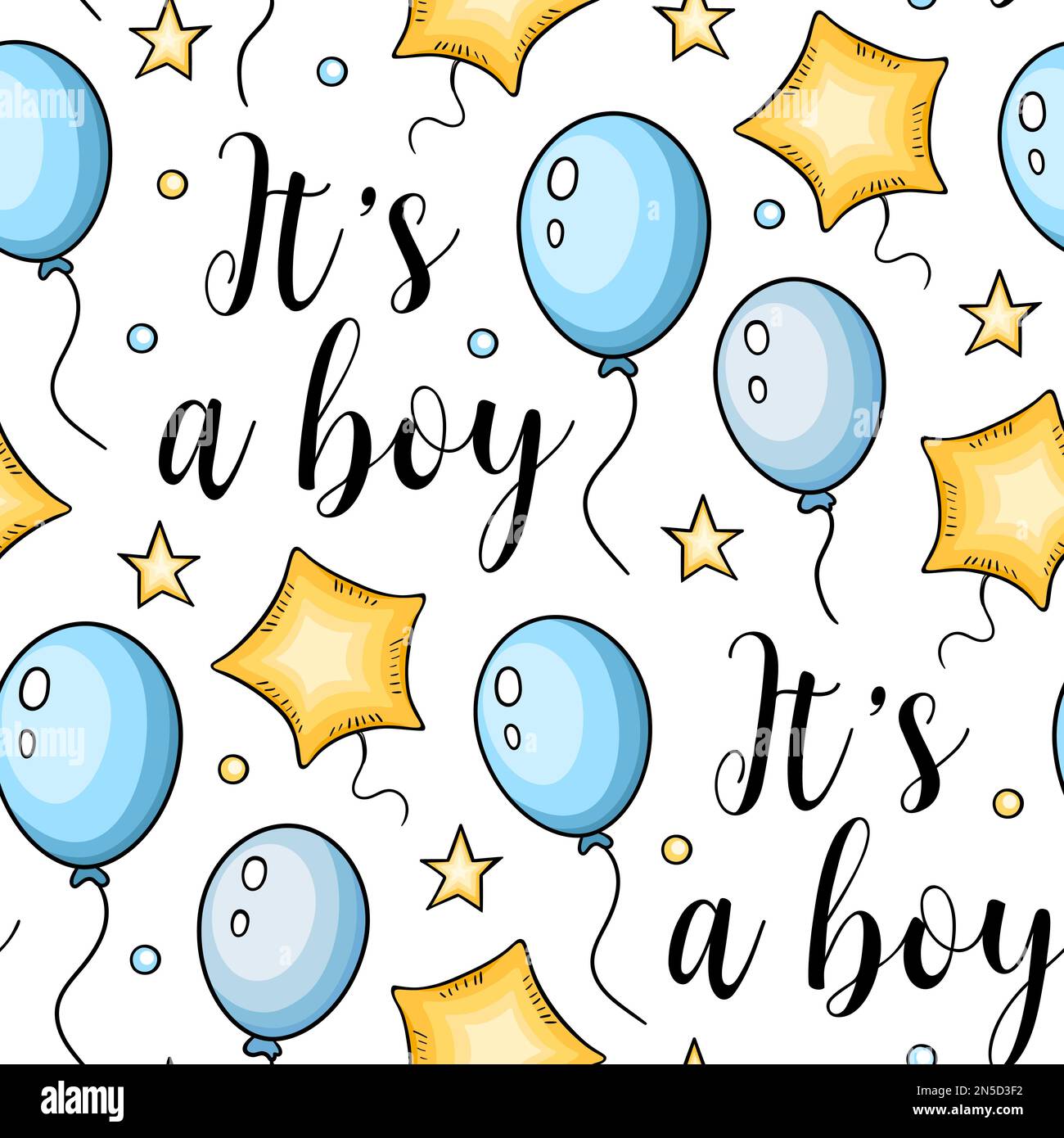 Seamless pattern with blue and yellow air balloons for baby boy. Hand drawn background. Baby shower. Stock Photo