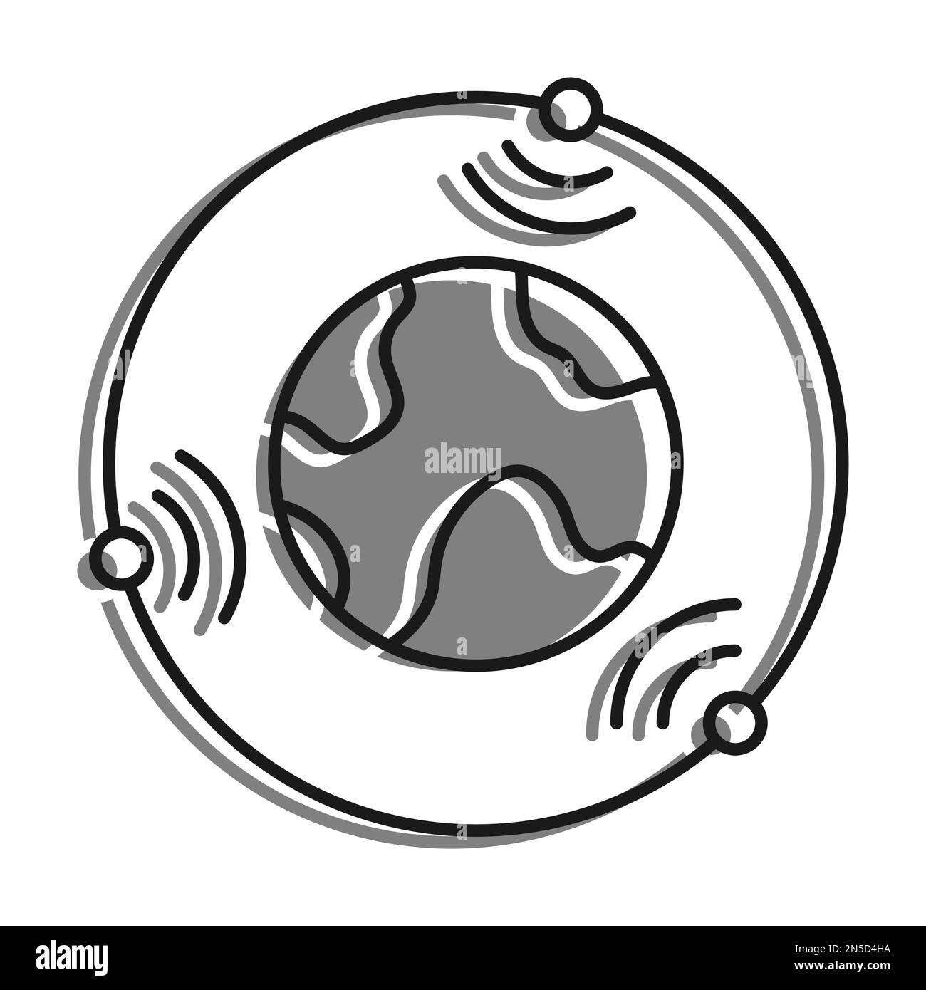 Linear filled with gray color icon. Satellites Fly In Orbit Around Planet Earth And Transmit Communication Signal. Satellite Communication And Gps Nav Stock Vector
