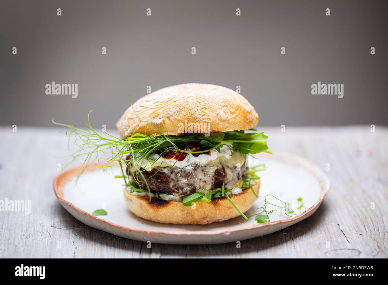 Beef burger with melted cheese in a bun Stock Photo