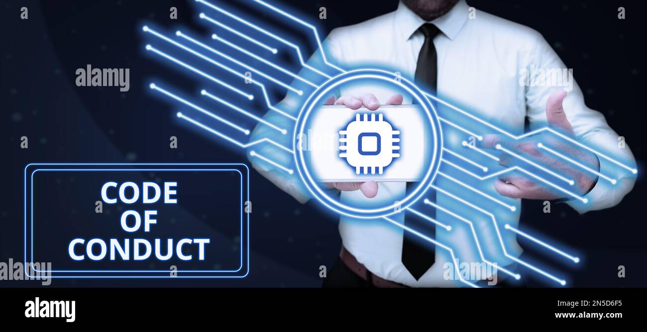 Text caption presenting Code Of Conduct, Business approach Ethics rules ...
