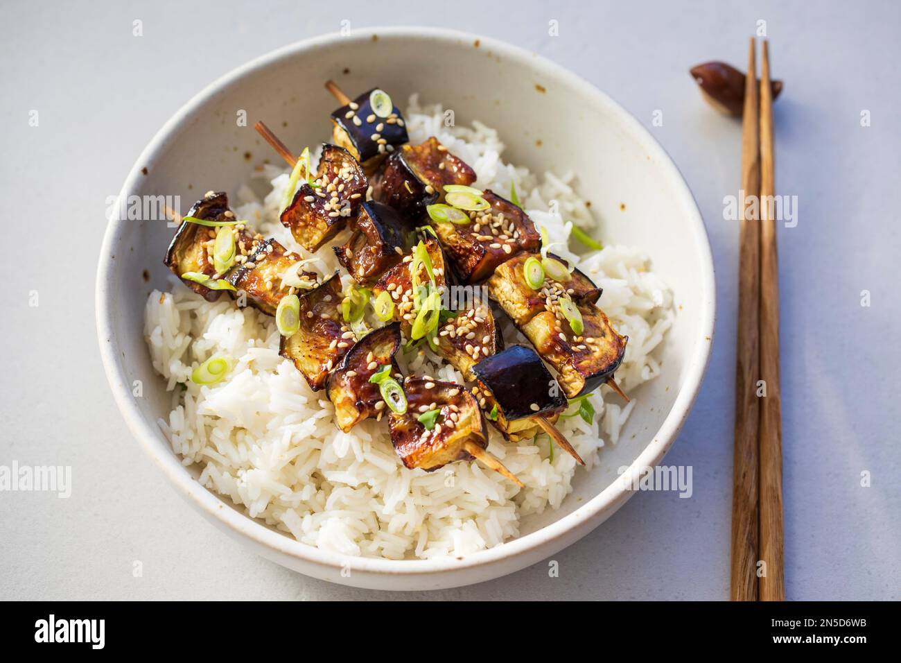 Miso aubergine with seasme seeds and rice Stock Photo