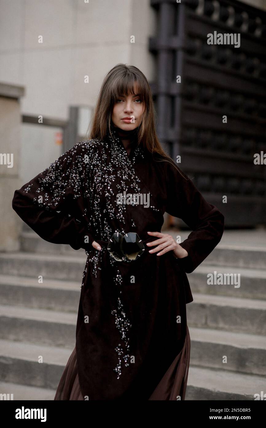 Street style, Mara Lafontan arriving at Stephane Rolland Spring Summer