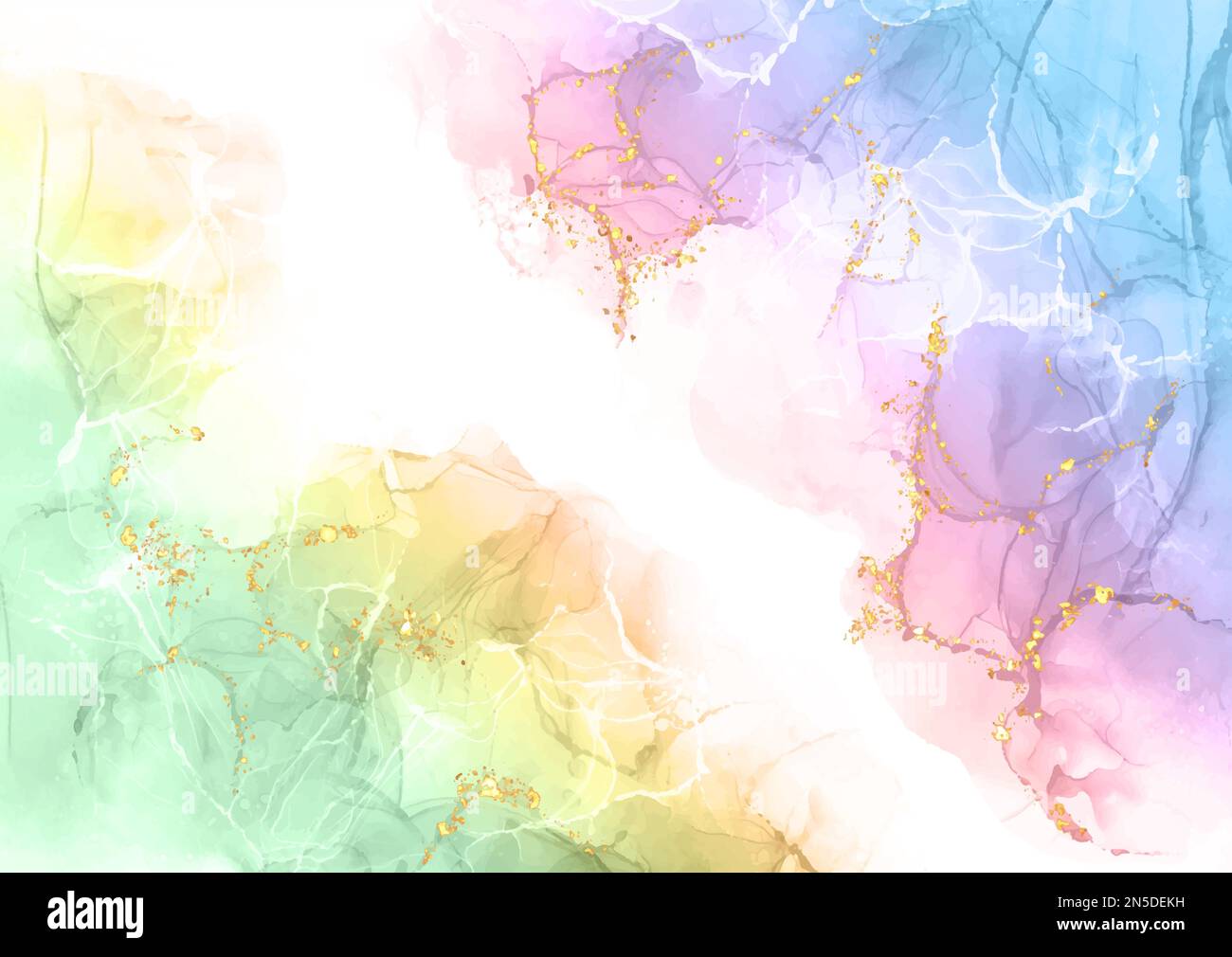 Pastel rainbow coloured hand painted alcohol ink design with gold glitter Stock Vector Image