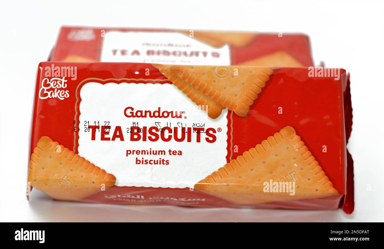 Cairo, Egypt, February 5 2023: Gandour tea biscuits packet, Crunchy biscuits prepared with essential nutrients, iron, vital vitamins and iodine, a foo Stock Photo