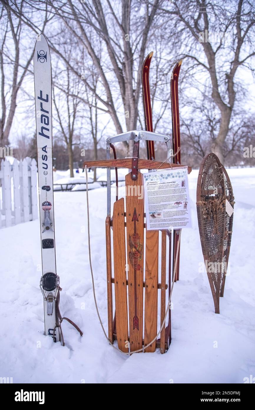 Vintage Hart skis, American made Flexible Flyer Sled, and snowshoes on display at Vinterfest in Scandia, Minnesota USA. Stock Photo