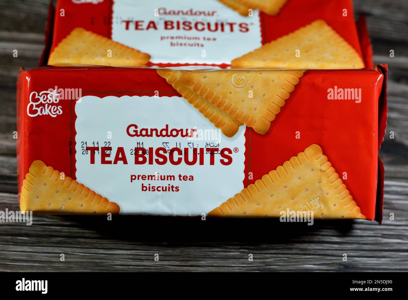 Cairo, Egypt, February 5 2023 Gandour tea biscuits packet, Crunchy biscuits prepared with
