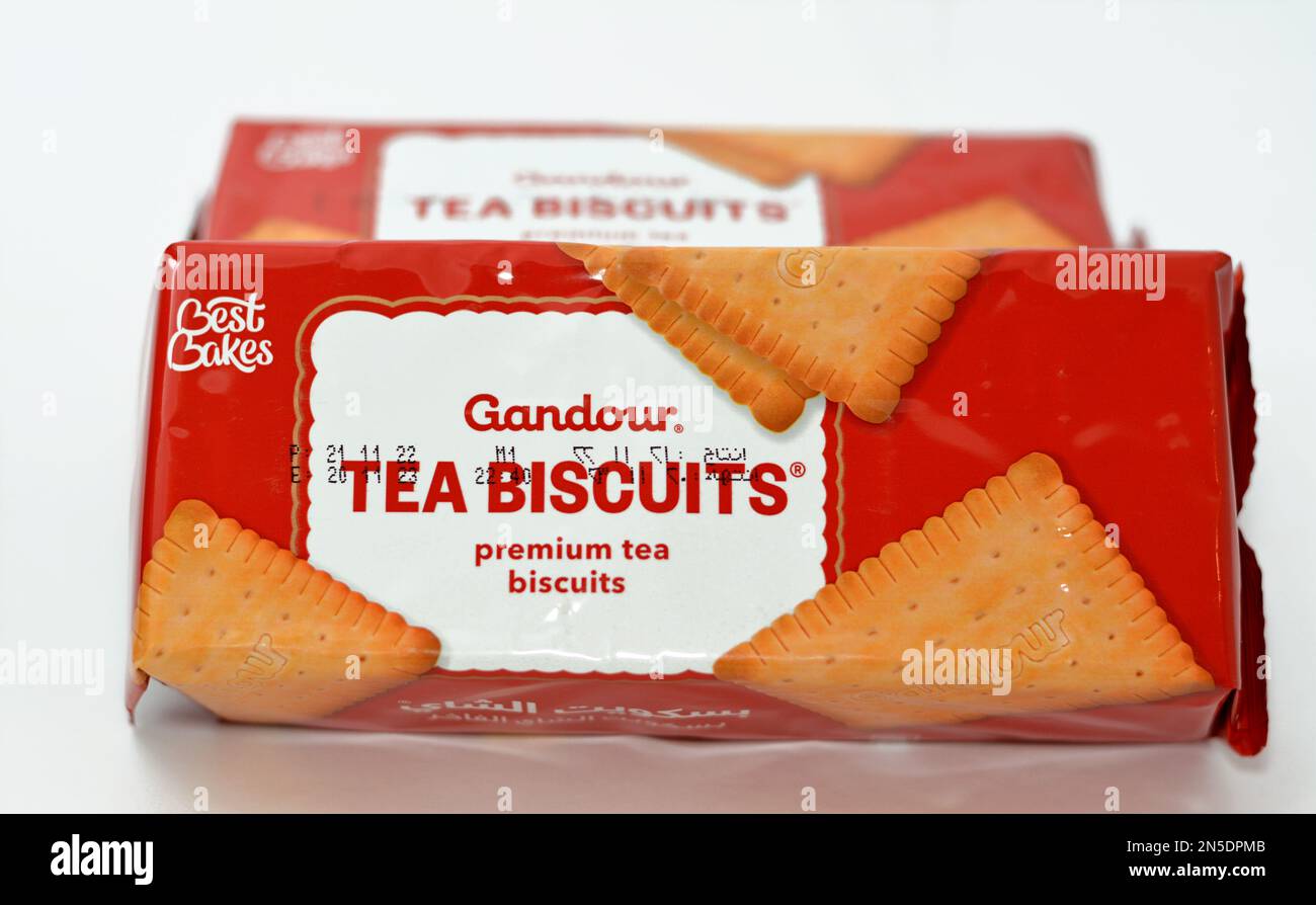 Cairo, Egypt, February 5 2023: Gandour tea biscuits packet, Crunchy biscuits prepared with essential nutrients, iron, vital vitamins and iodine, a foo Stock Photo