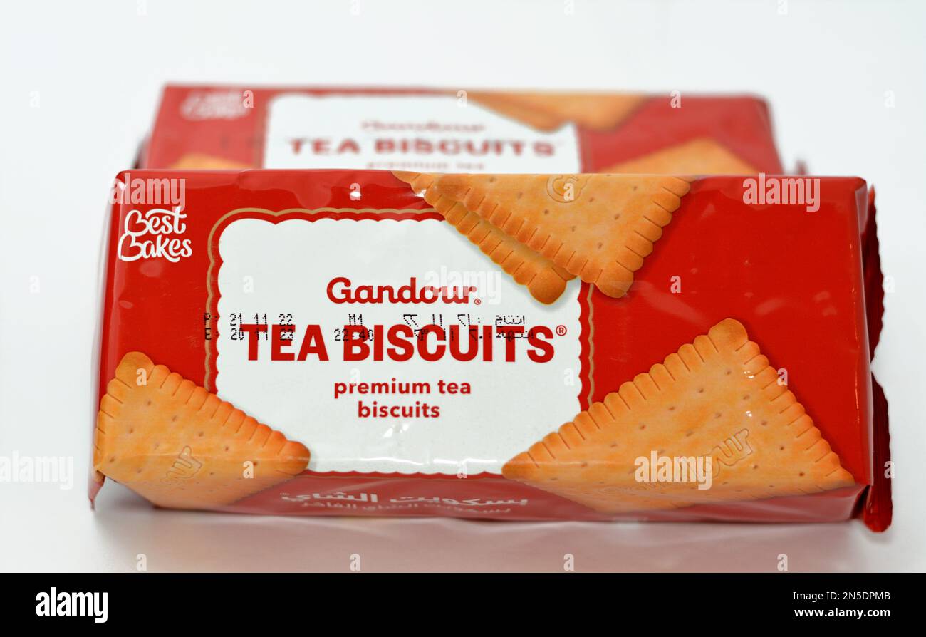 Cairo, Egypt, February 5 2023 Gandour tea biscuits packet, Crunchy biscuits prepared with