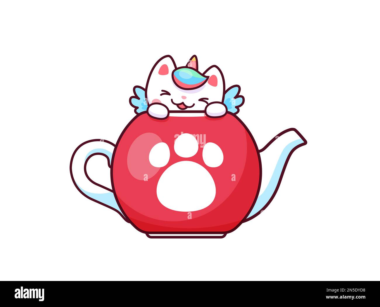 Cartoon cute kawaii caticorn character in teapot. Vector white unicorn