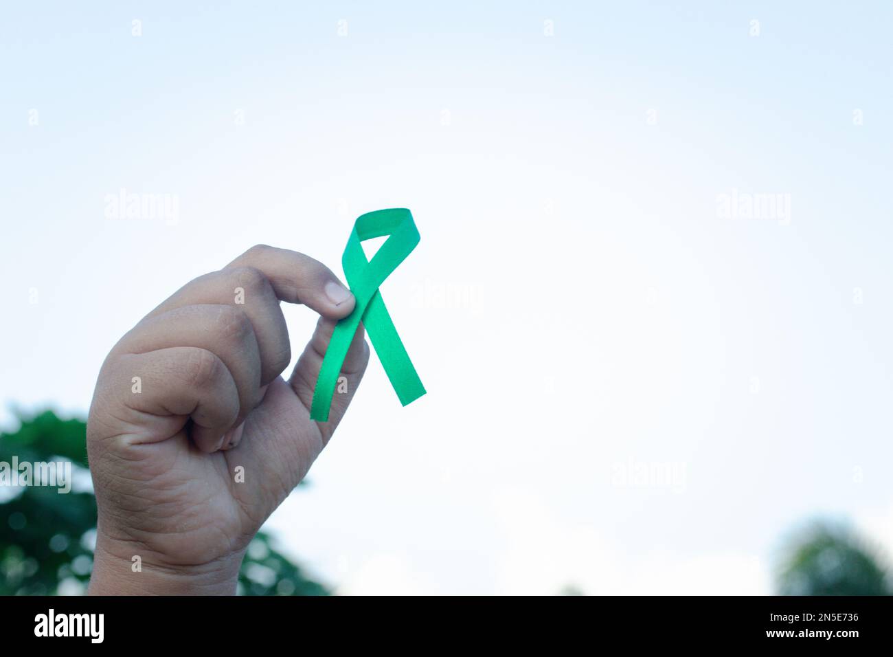 Hand holding a green ribbon. Cancer treatment concept Stock Photo Alamy