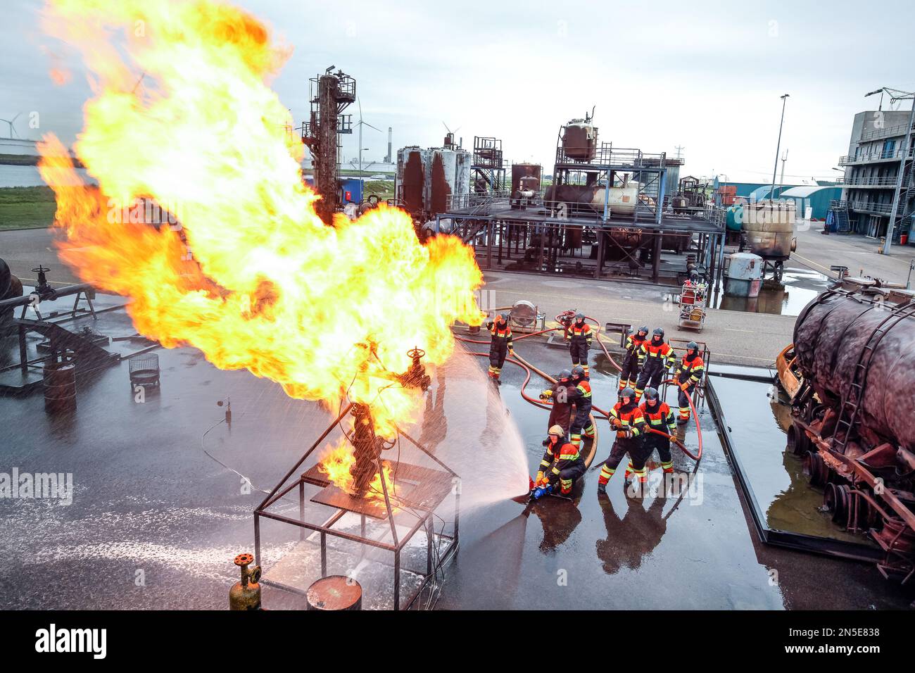 Industrial firefighting training at Falck Fire Academy, now called RelyOn Nutec in Rotterdam harbour with international training standards. Stock Photo