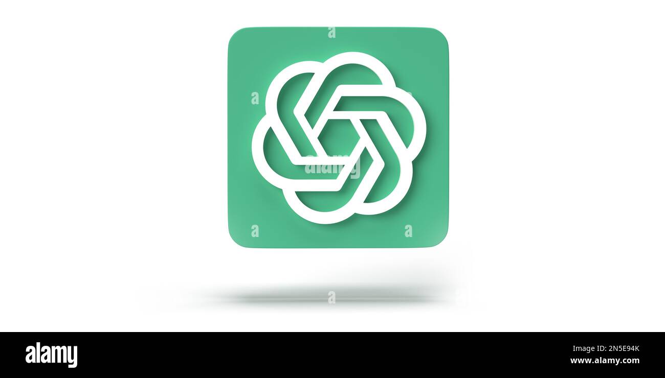 ChatGPT developped by OpenAI. Company logo blain white background, copy space. Artificial ıntelligence chatbot software developer. 3d rendering Stock Photo
