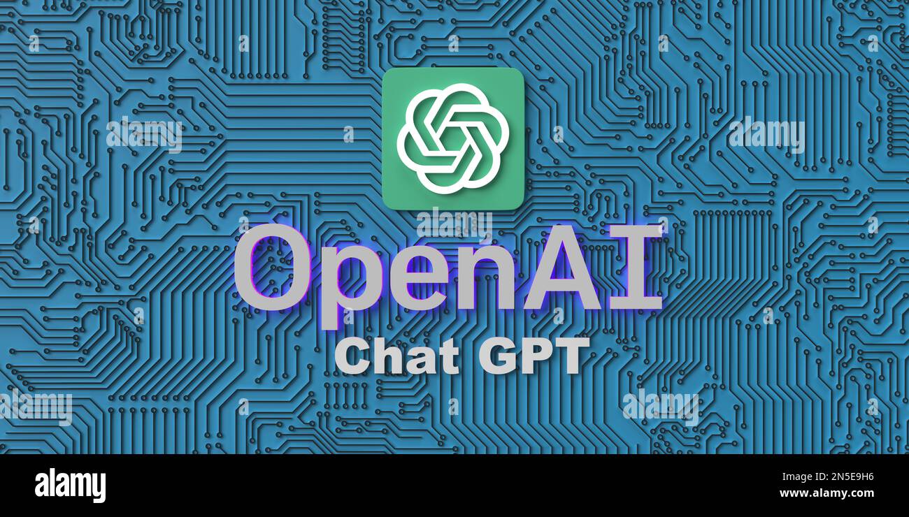 Colorful OpenAI logo ChatGPT text on geometric CPU background, copy space. 3d rendering illustration concept, Istanbul, Turkey, 02.09.2023. Stock Photo