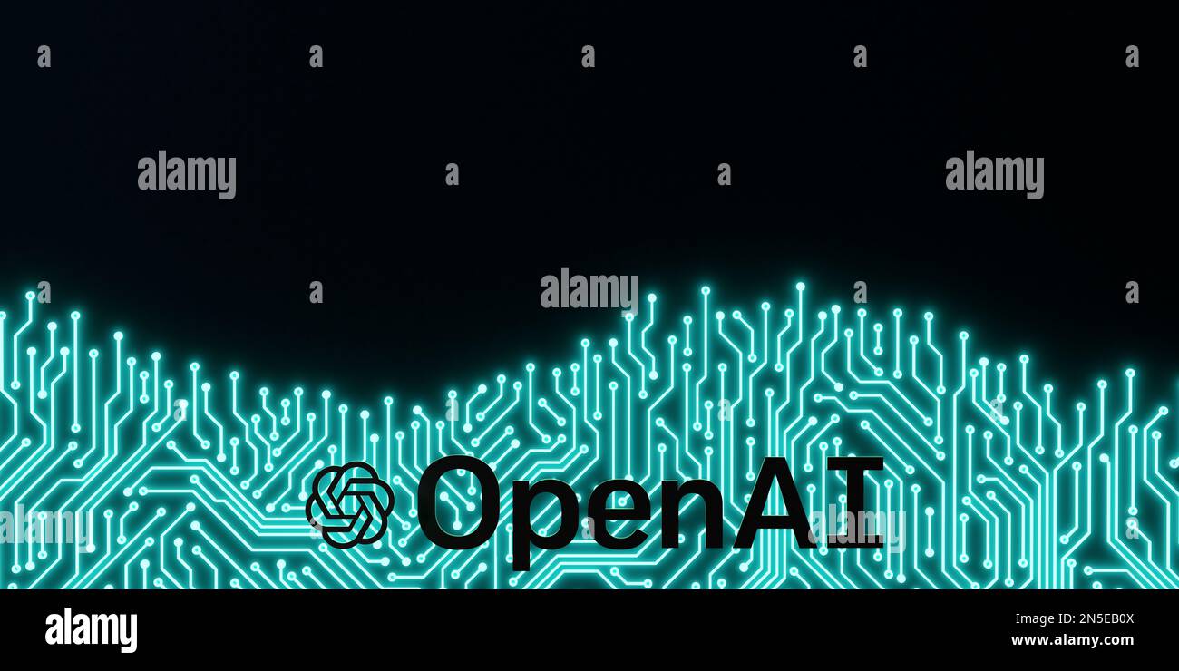 OpenAI logo ChatGPT text on geometric CPU black background, copy space. 3d rendering illustration concept, Istanbul, Turkey, 02.09.2023. Stock Photo