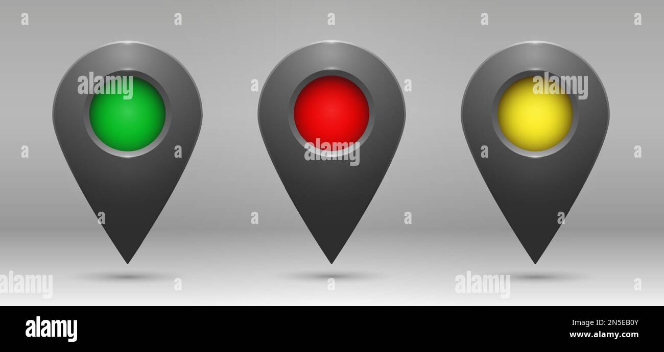 Realistic gray geolocation icons with colored inserts on a gradient background. Stock Vector