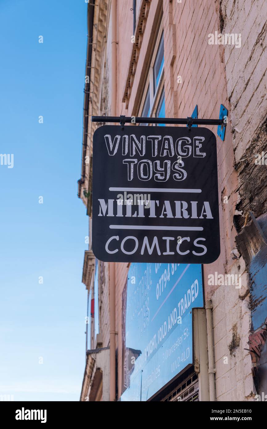 Sign above old shop in Wolverhampton saying Vintage Toys, Military