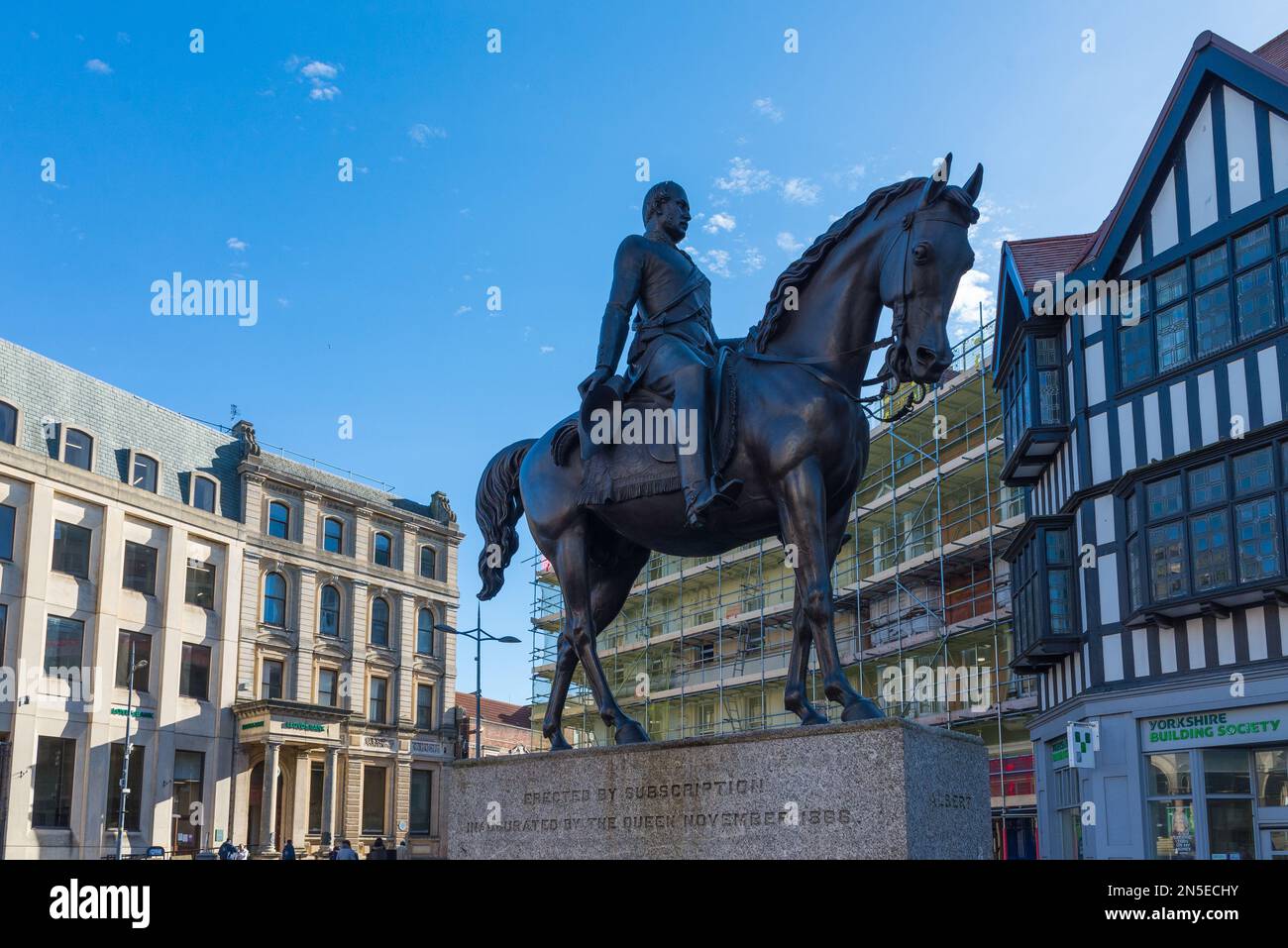Large bronze statue of Prince Albert on a horse in Queen Square, Wolverhampton, UK known locally as man on the oss Stock Photo