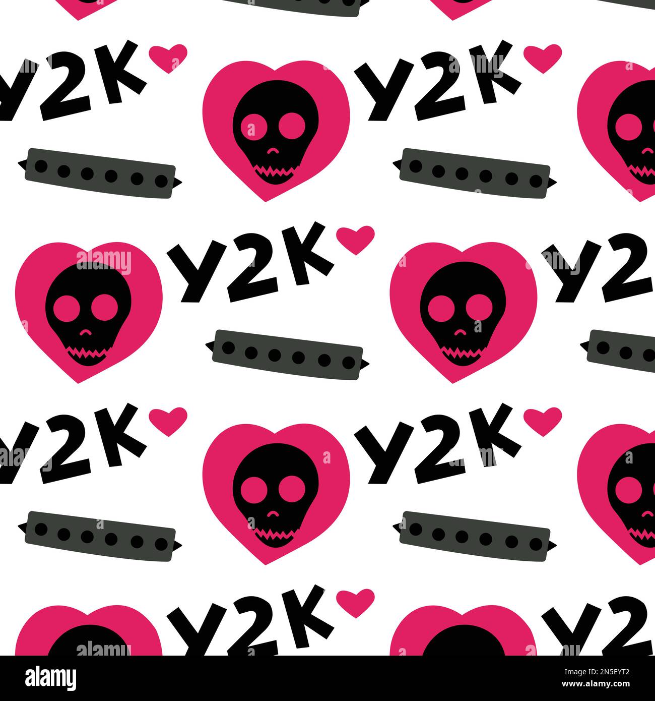 Y2k retro pink hearts and skull pattern. Girly seamless pattern emo style. Stock Vector