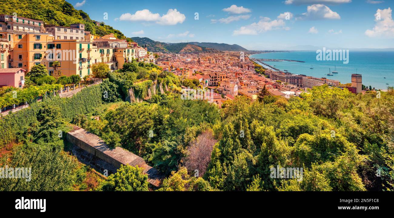 Astonishing summer cityscape of Salerno town. Breathtaking outdoor scene of Italy, Europe. Splendid Mediterranean seascape. Traveling concept backgrou Stock Photo