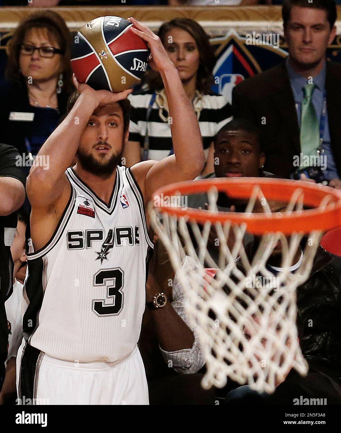 Marco Belinelli of the San Antonio Spurs shoots during the three point contest during the skills competition at the NBA All Star basketball game Saturday Feb. 15 2014 in New Orleans. AP Photo Bill