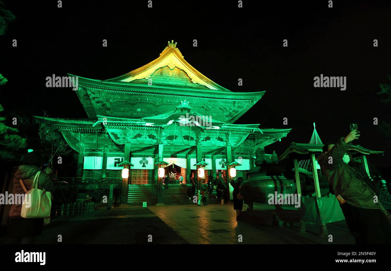 Zenkoji Temple is lit up during the Nagano Lantern Festival in Nagano City,  Nagano Prefecture on February 9, 2023. The Nagano Lantern Festival, which  lights up Zenkoji Temple and its surroundings, started