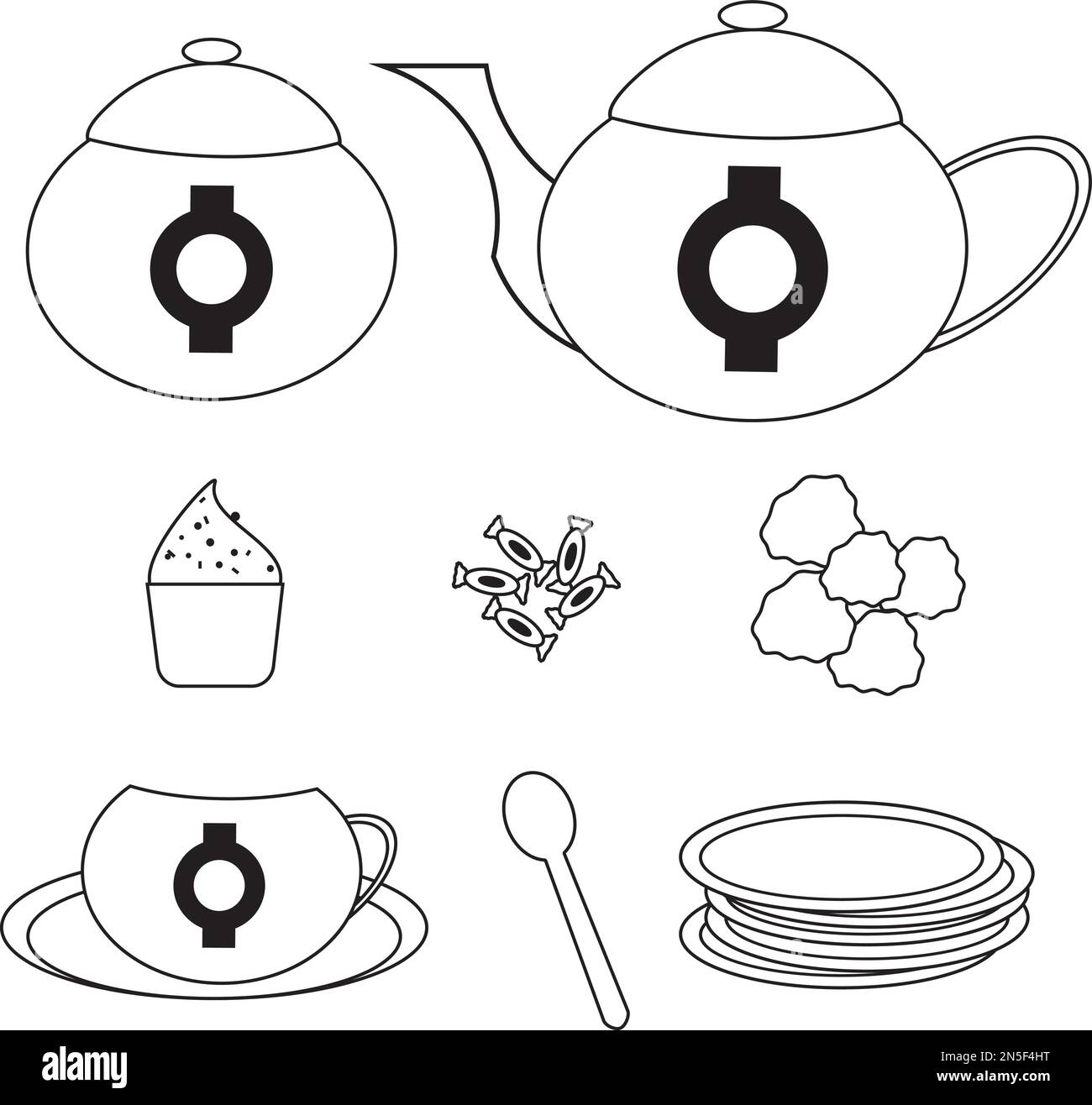 Black and white isolated tea service and set icon. Vector illustration