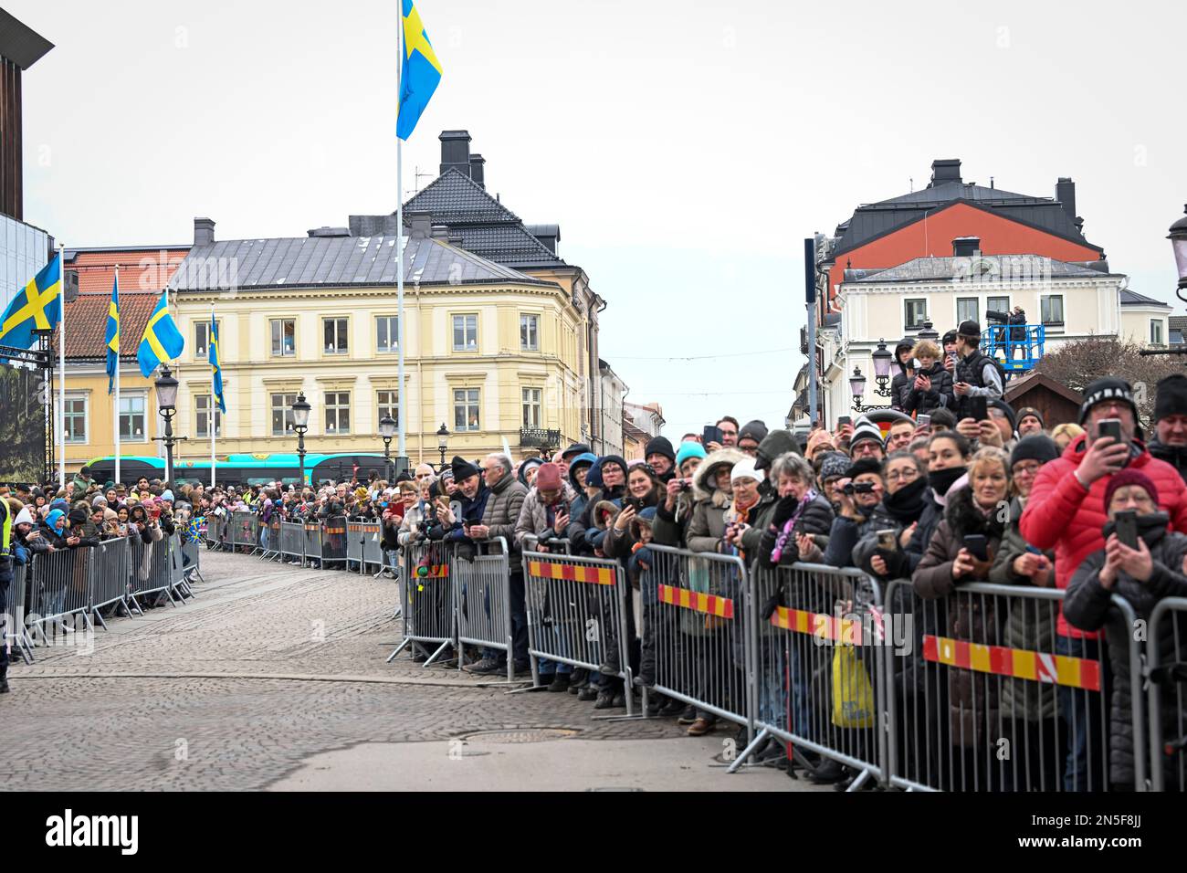 People at Stora torget in Nykoping waiting fot the Royal Couple to arrive during the royal visit to Sodermanland County on February 9, 2023, to mark H Stock Photo