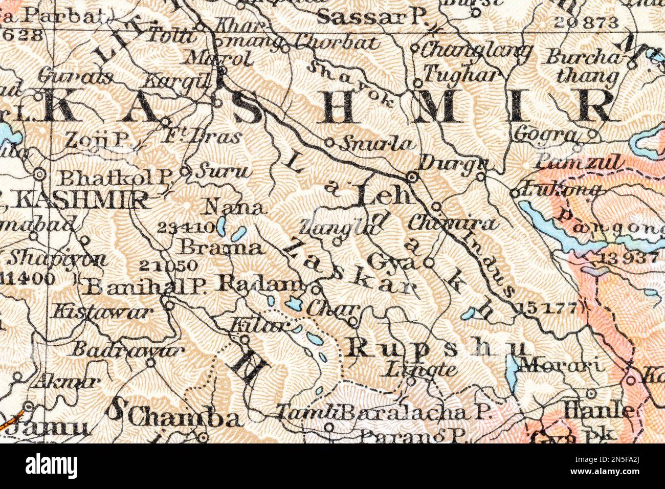 1900 historic atlas map of Kashmir with Ladakh Hills range, part of a border area hotly contested between India and China. Stock Photo