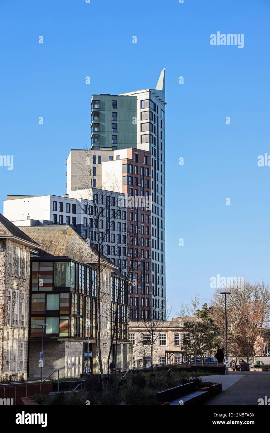 Yugo; Beckley Point student high rise towers seen from the University of Plymouth campus along Glanville  Street. Stock Photo