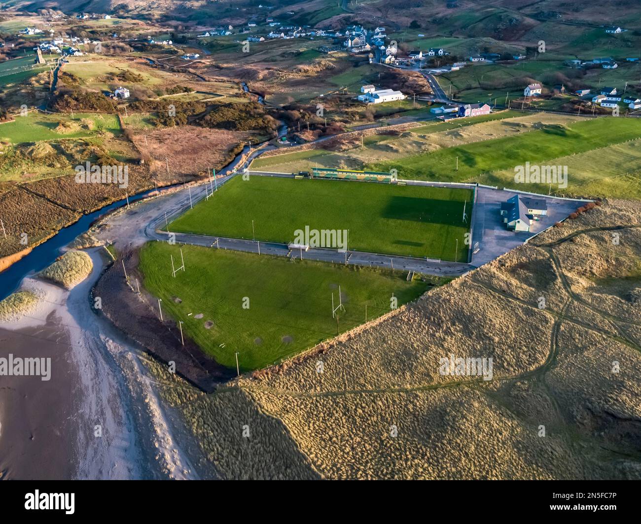 Aerial view of Glencolumbkille GAA field in County Donegal, Republic of Irleand. Stock Photo