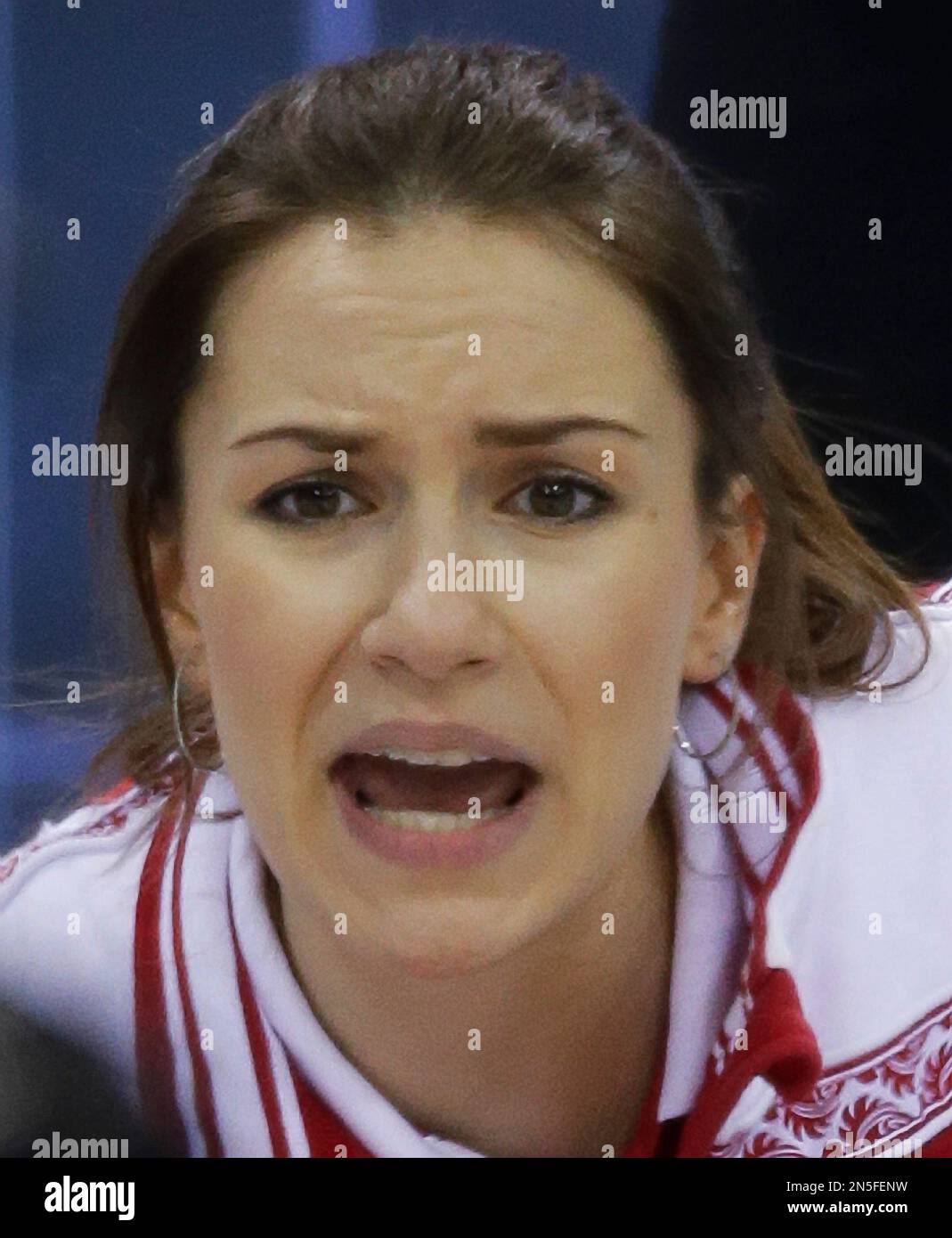 Russia's Anna Sidorova yells to her sweepers during their round robin