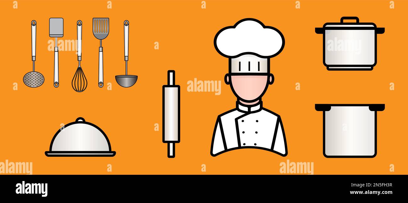 Chef icon set. Collection of cooking kitchen utensils. Clip art Vector illustration Stock Vector