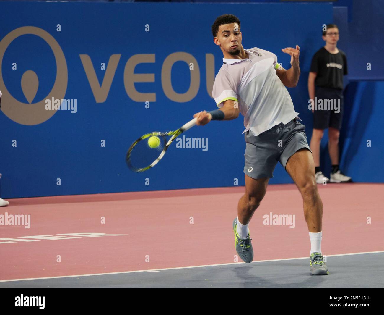 Arthur Fils (FRA) in action against Roberto Bautista-Agut (SPA) during the Open Sud de France 2023, ATP 250 tennis tournament on February 8, 2023 at Sud de France Arena in Perols near Montpellier, France - Photo: Patrick Cannaux/DPPI/LiveMedia Stock Photo